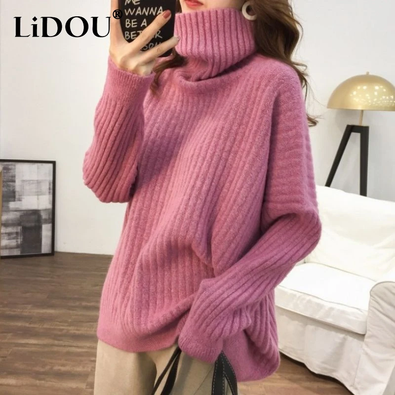 Autumn Winter New Solid Color Fashion Long Sleeve Sweater Women High Street Casual Loose Thicken Pullovers Elegant Warm Tops