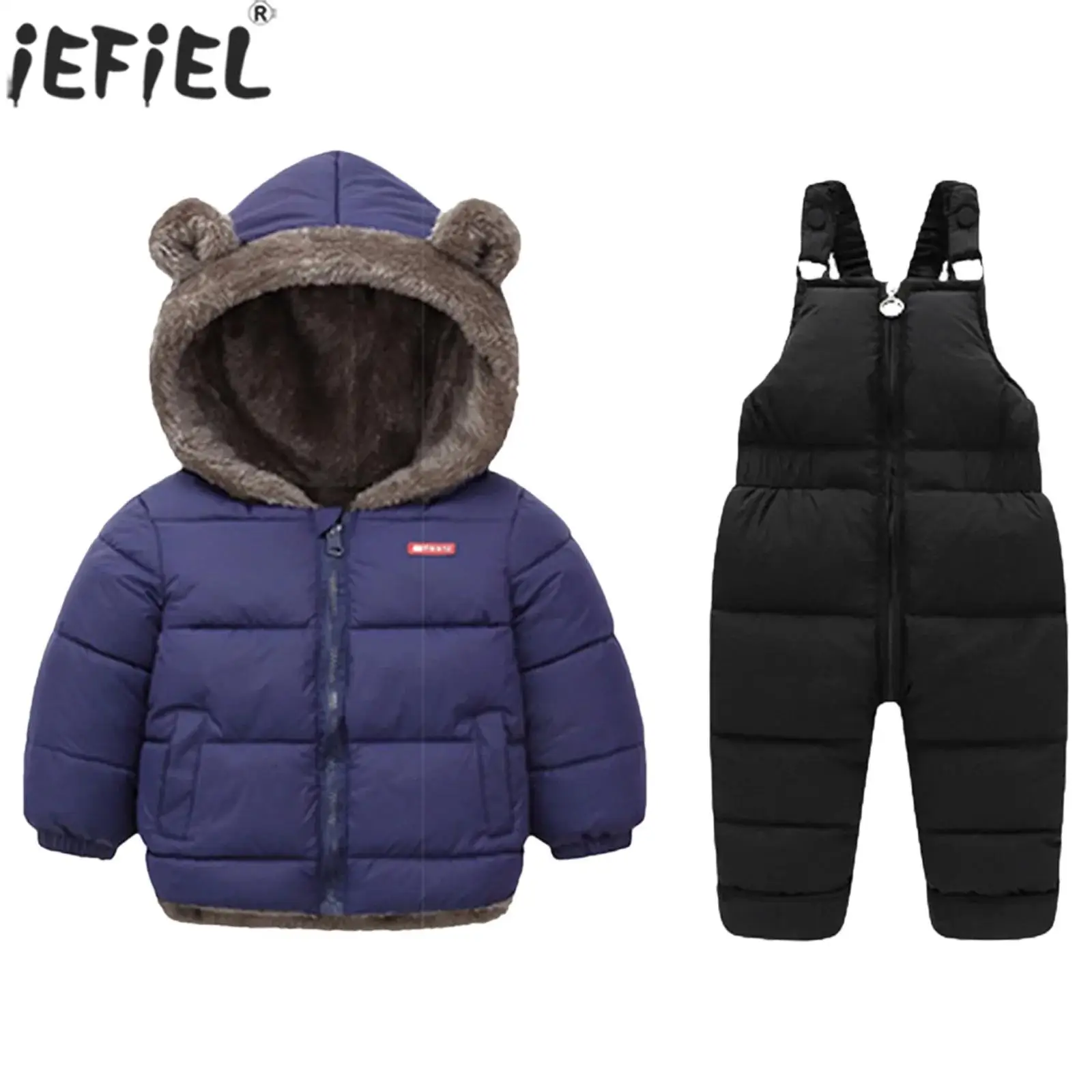 

Children Long Sleeve Winter Warm Snowsuit Skiwear Zipper Fleece-Lined Hooded Padded Jacket with Down Overalls Skiing Costume
