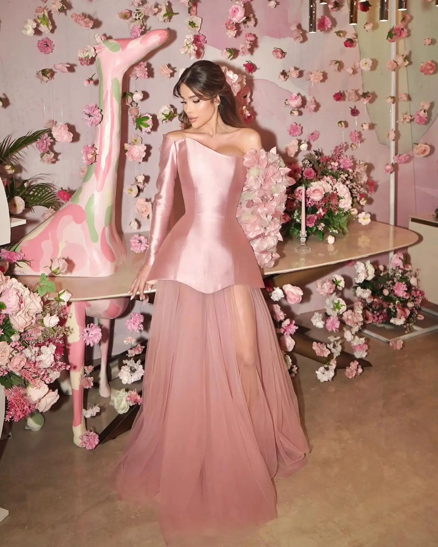 Pretty Bloom Pink Long Evening Dresses A-line See Thru Women Maxi Gowns To Birthday Party 3D Flower Bridal Gowns