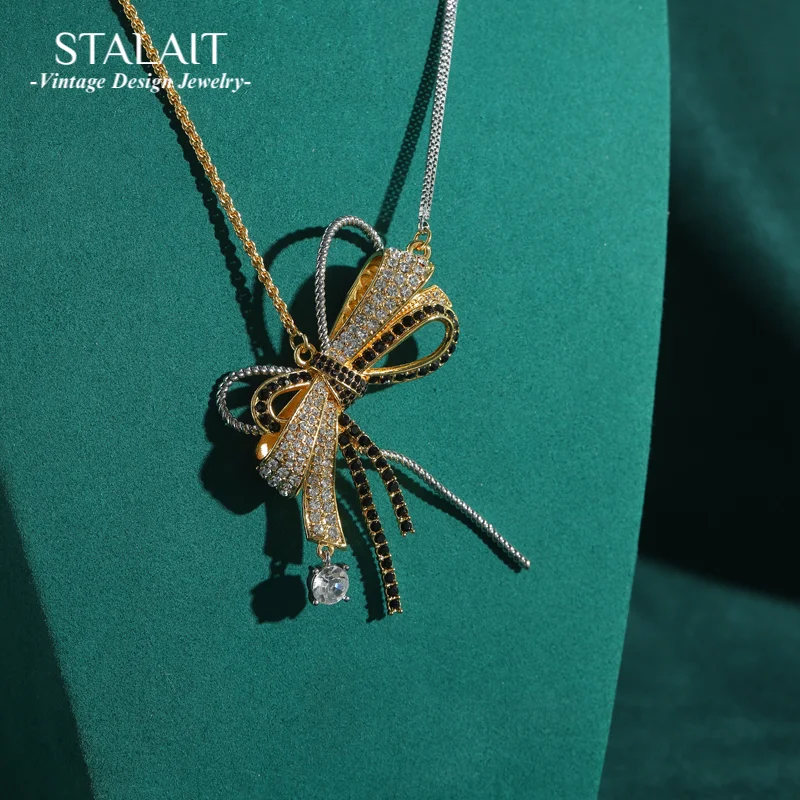 

Vintage Black Bowknot Pendants Charms Necklace Gold Color Cubic Zircon Luxury Designer Jewelry Valentine Day Gift 2025 Christmas