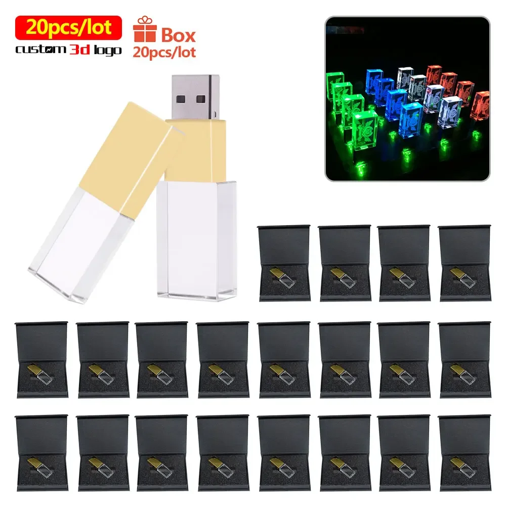 

20pcs/lot Crystal USB 2.0 Flash Drives free logo Pen drive USB 64GB 32G 16G 128GB Pen Driver Cle USB For wedding gifts LED light