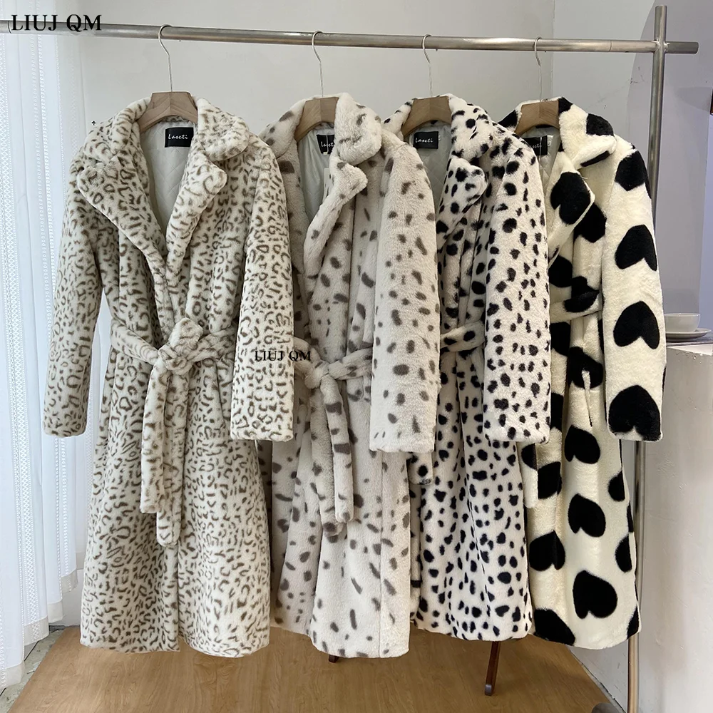 Plus Size Clothing Autumn Winter Faux Fur Coat Women Parka Lapel Leopard Print Long Fur Jacket Female Warm Thick Plush Overcoat