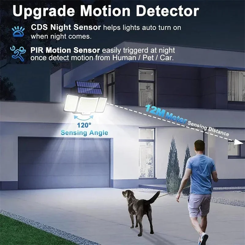 Solar Outdoor Lights 346 LED Security Lights with Remote Control,3 Heads Motion Sensor Lights, IP65 Waterproof Flood Wall Lights
