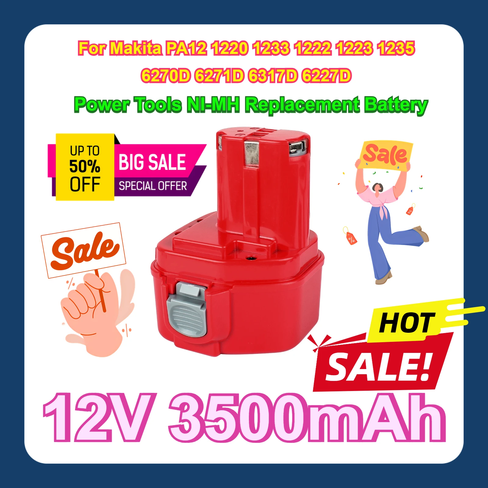 

For Makita PA12 1220 1233 1222 1223 1235 6270D 6271D 6317D 6227D Power Tools 12V 3500mAh NI-MH Replacement Battery