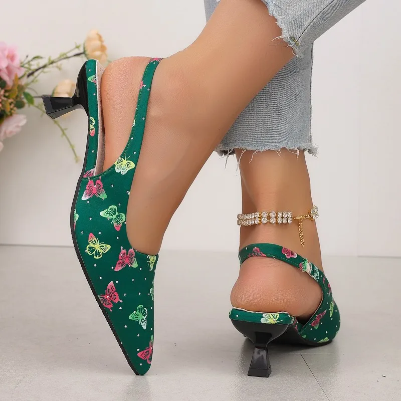 Vintage High Heel Women Sandals Fashion Pointed Toe Singbacks Mules Shoes Summer Elegant Butterfly-knot Dress Sandalias_vogvips.com