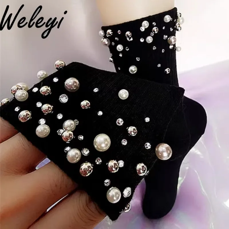 

Black Women Pure Cotton Lolita Socks Korea Dongdaemun Sparkling Rhinestone Luxury Super Heavy Industry Beads Pearl Crystal Socks