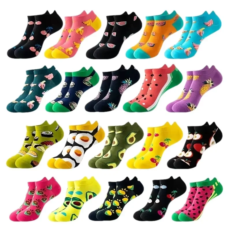 10 Pairs Women's Fruit & Veggie Printed Short Socks, High Stretch, Breathable & Quick-Drying