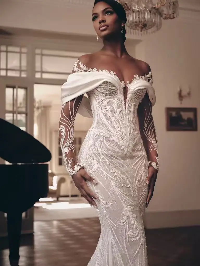 Maßgeschneidertes Luxus-Brautkleid mit Applikationen und Spitze im Meerjungfrauenstil, Abnehmbarer Schleppe, Schulterfreies Hochzeitskleid 2026 Vestido De Noiva – Detail 3