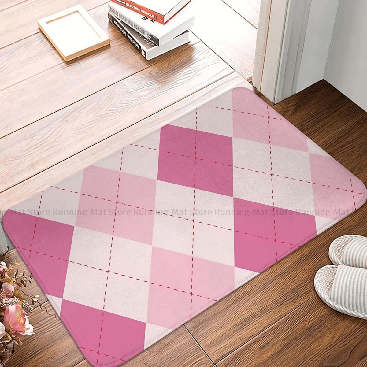 Lattice Non-slip Doormat Pink Argyle Drawstring Living Room Bedroom Mat Welcome Carpet Indoor Modern Decor