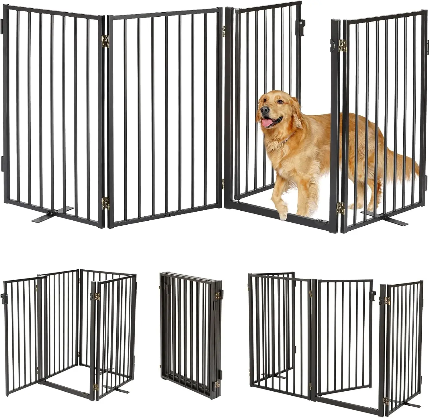 

80" Extra Wide Freestanding Dog Gate with Door, Foldable Pet Fence for Indoor Outdoor Use, 4 Panels Black