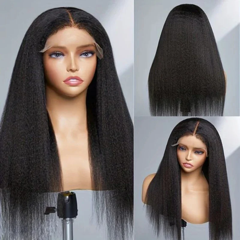 

Soft Natural Black 30Inch Kinky Straight Lace Front Wig With Mached All Skins With Baby Hair Synthetic Preplucked Glueless Daily