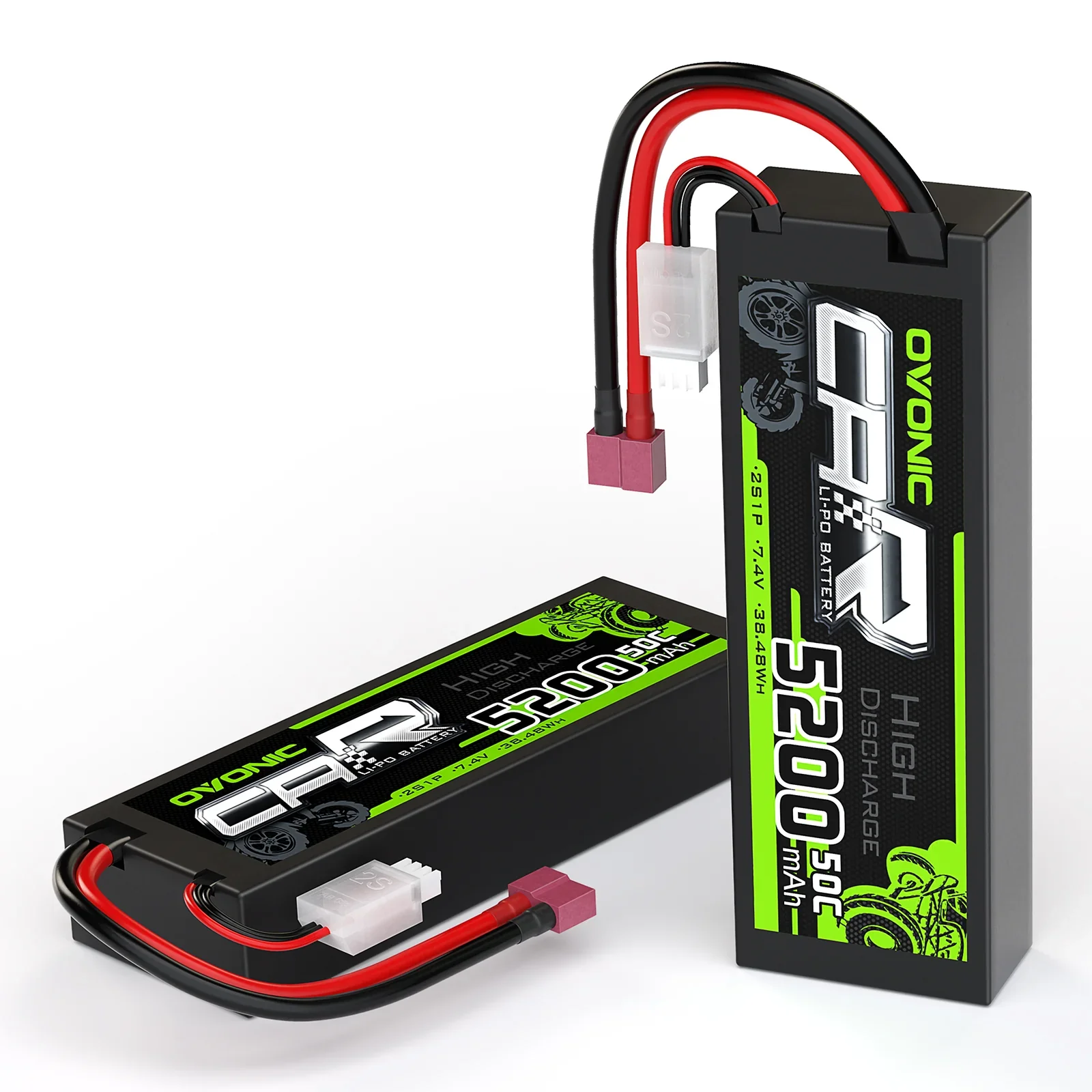 Batteria LiPo Ovonic 2S 5200mAh 50C 7.4V con custodia rigida e connettore Deans per auto RC 1/10 e 1/8, Monster Truck RC, confezione da 2