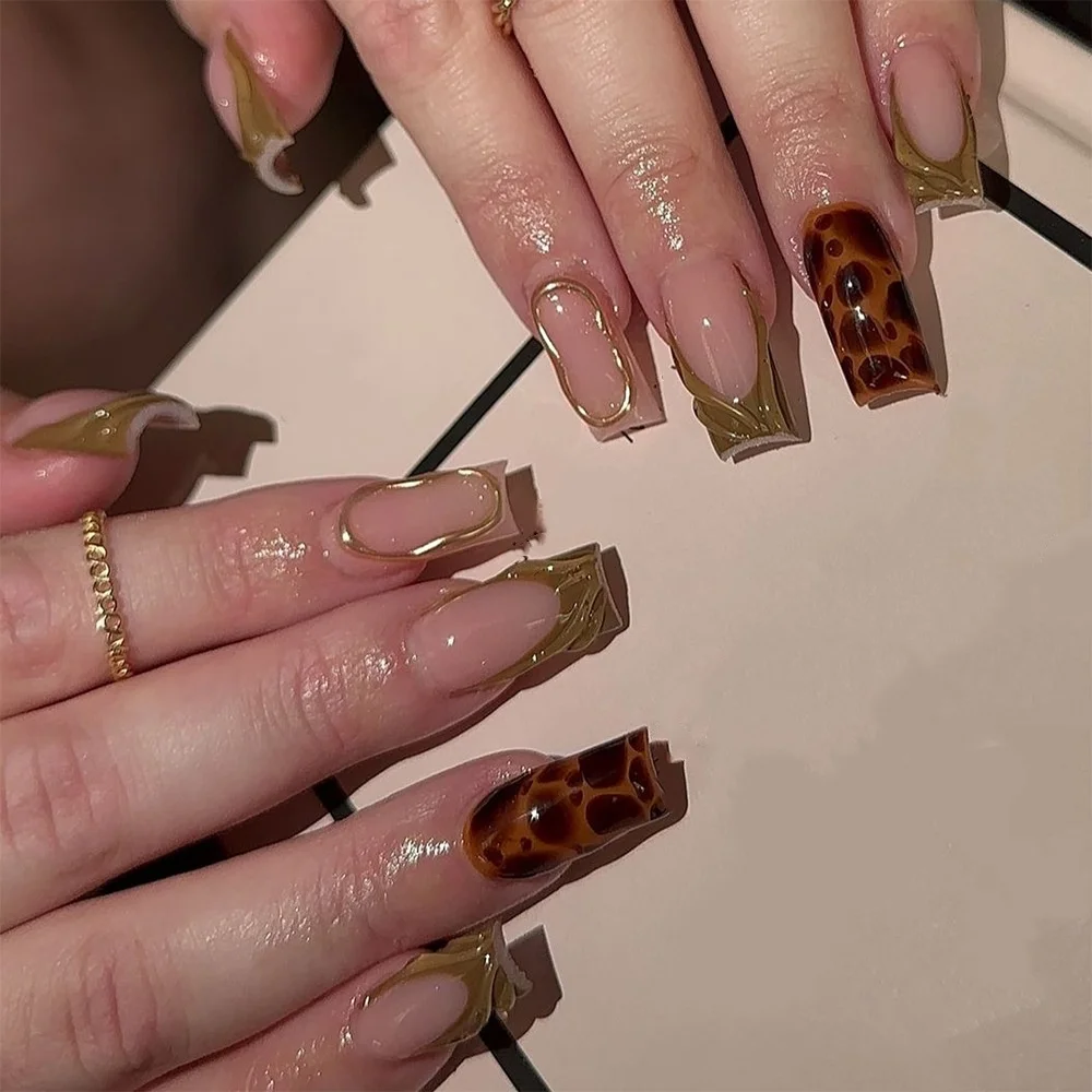 Faux ongles français à tête carrée mi-longue, 24 pièces, à pression sur un Design floral 3D, couverture complète, imprimé léopard, réutilisables