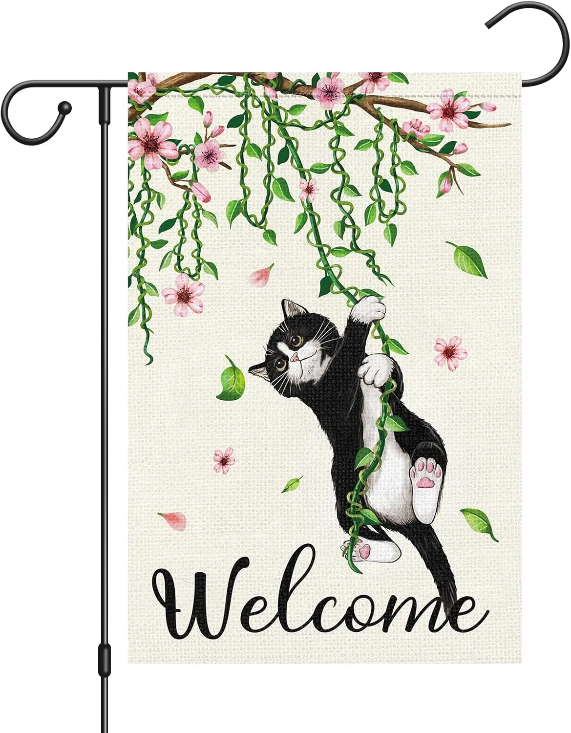 Louise Maelys Welcome Spring Cat Garden Flag 12x18 Double Sided, Burlap Small Black Cat Flower Floral Garden Yard Flags for Spri