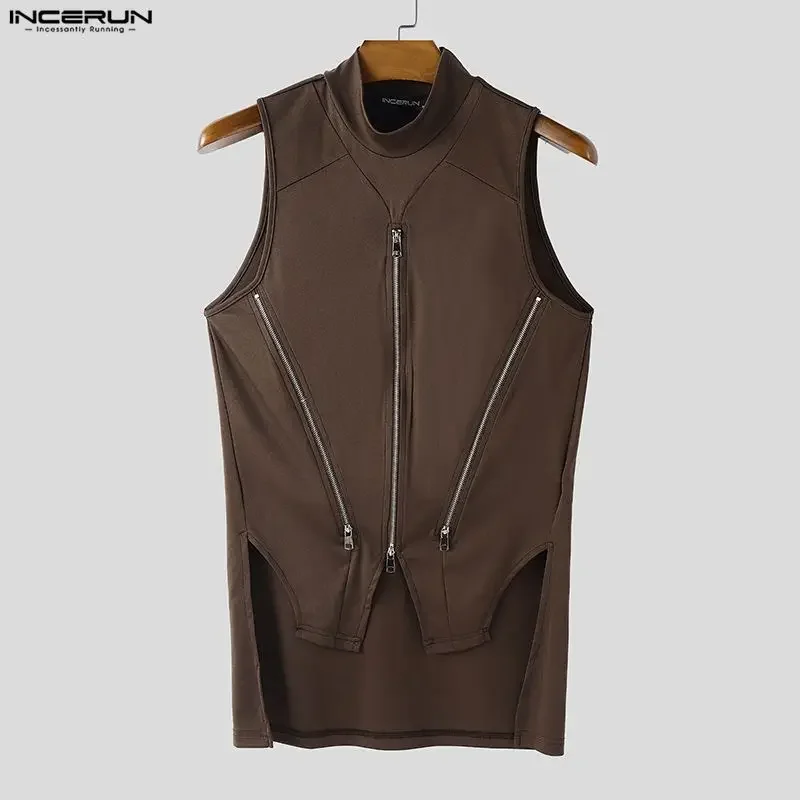 INCERUN Men Irregular Tank Tops Solid Color Turtleneck Sleeveless Male Vests Summer Streetwear Zipper 2026 Fashion Men Clothing