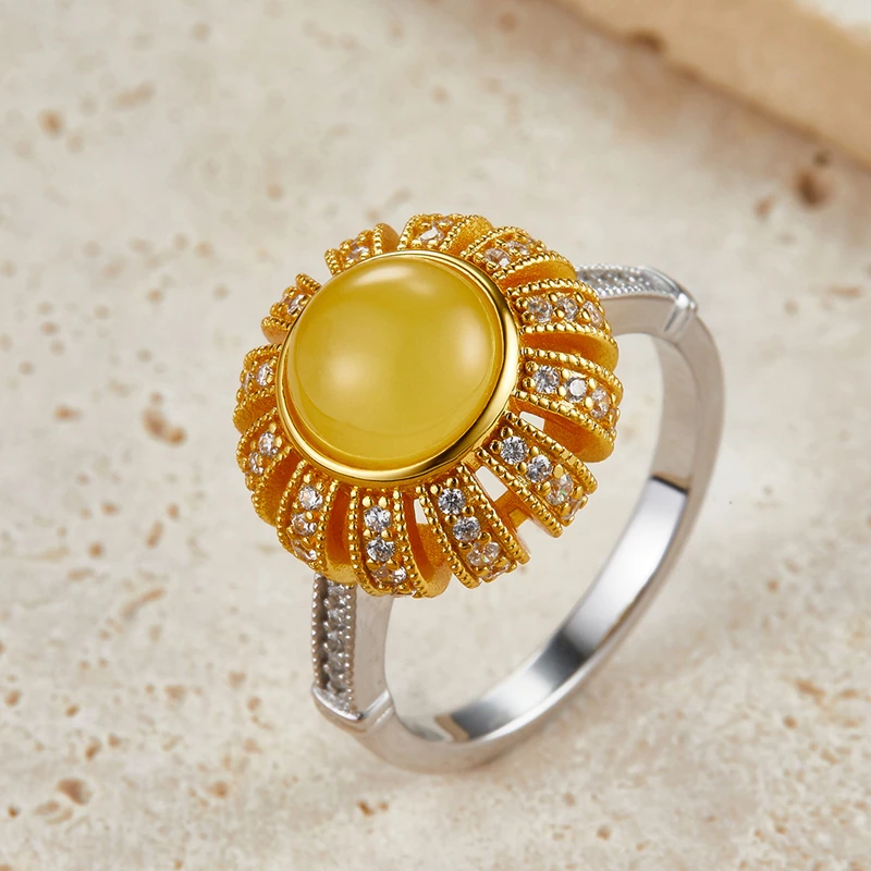 Natural Amber 925 Sterling Silver Two Tone 5A Zircon Women's Ring Simple Chic Luxury Round Cocktail Rings 2023 New Gift For Her