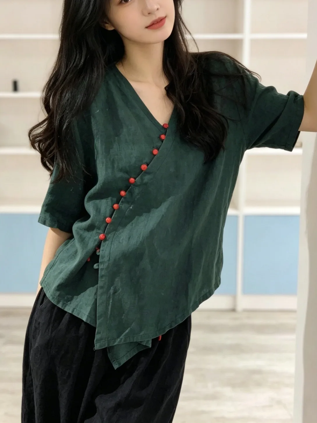 

Retro Chinese Style Loose Casual Women's Shirt with Buttoned Asymmetrical Slanting Collar Long Sleeve Neck Summer New