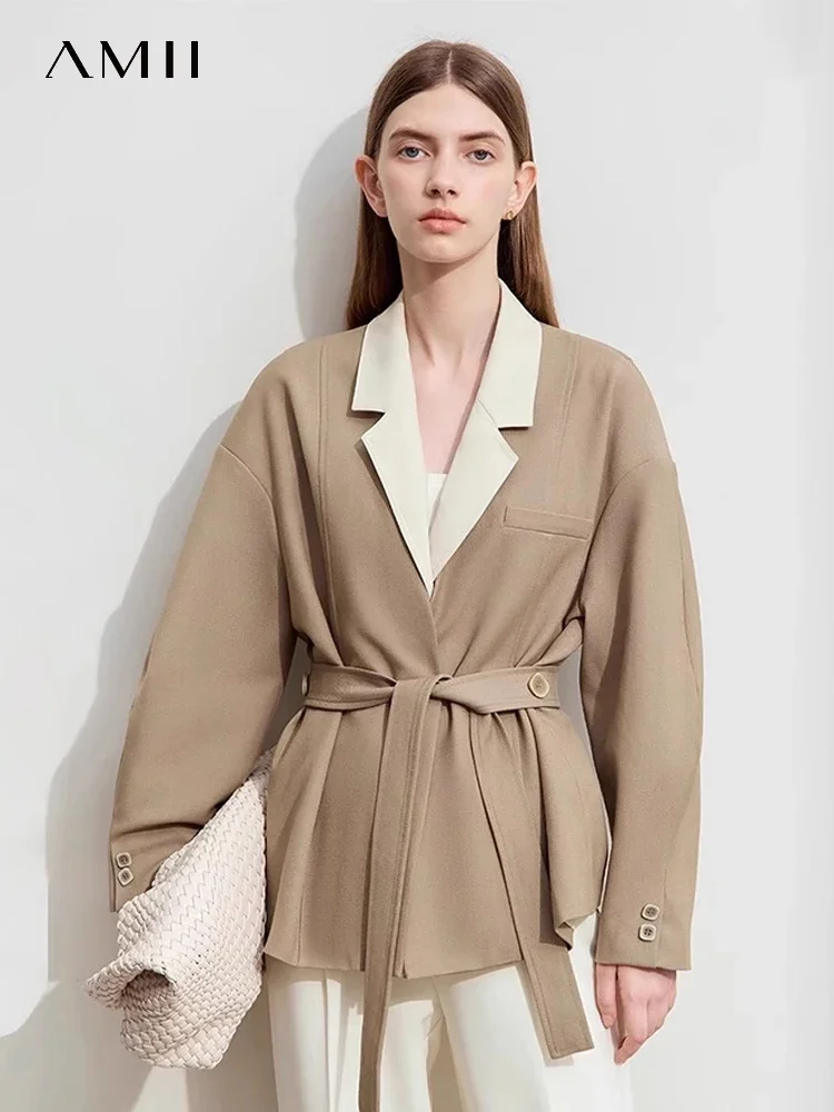 Amii Minimalism 2024 Women Tailored Coat New Autumn Commuter Fake Two With Belt Blazer Jackets Loose Trendy Splice Coat 12423083