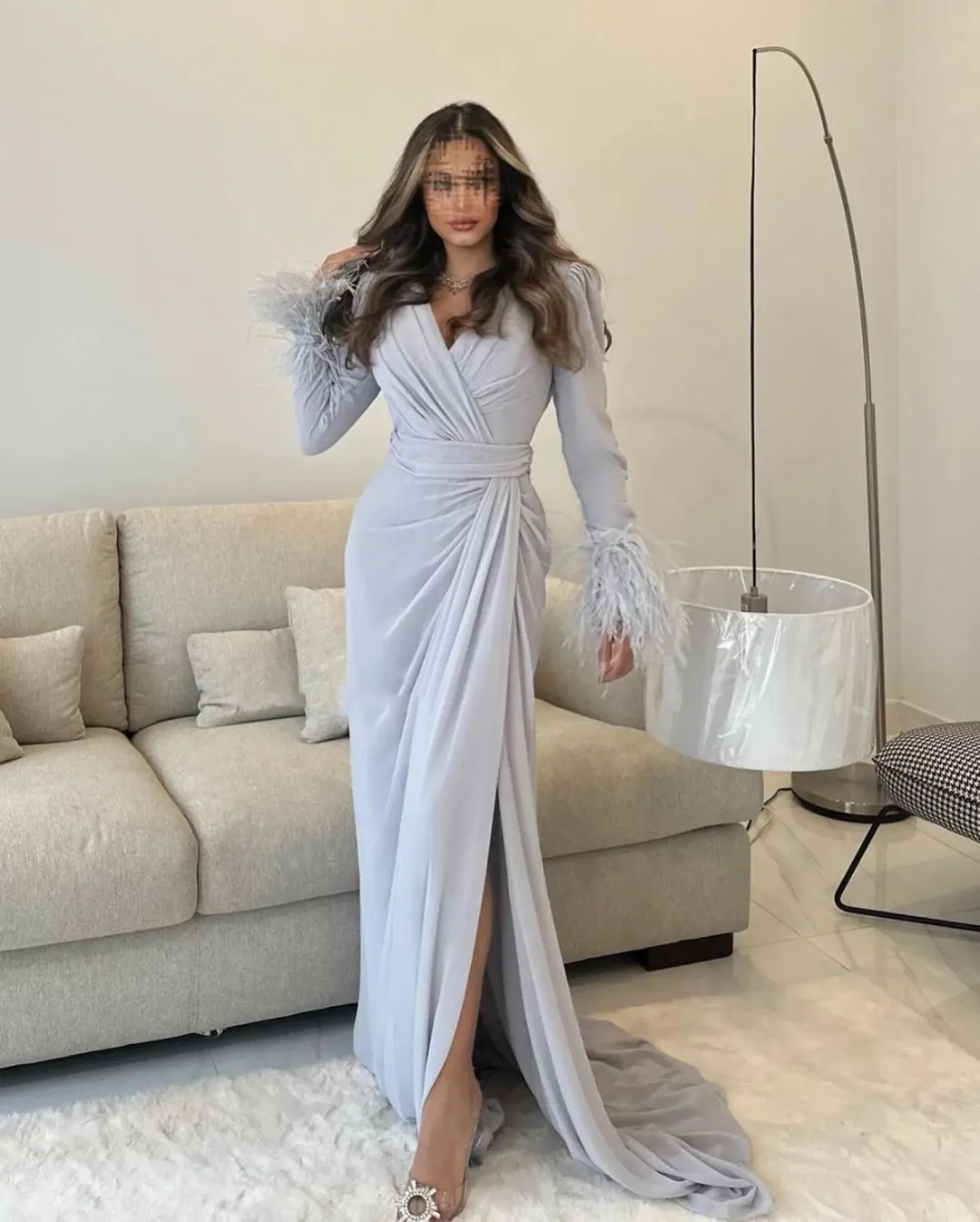 

Elegant Party Dresses For Women 2023 Long Sleeves Feather Prom Dresses Side Slit Mermaid Floor-Length Customizable Robes De