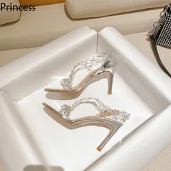 2024 New Women's Summer Internet Celebrity Water Diamond Transparent Crystal Fairy Style Thin Pointed High Heel Shoes Sandals