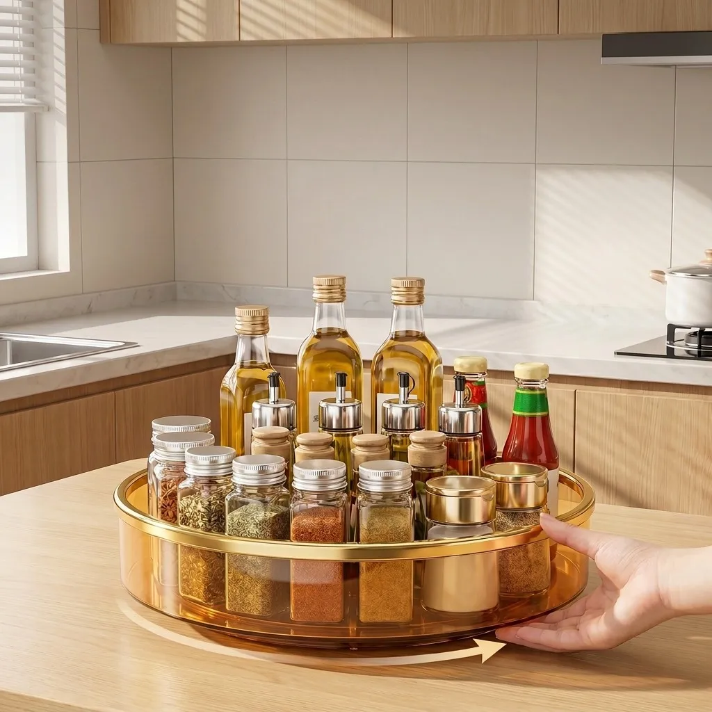 360 Rotating Spice Rack Round Lazy Susan Turntable Detachable High Edge Storage Rack Kitchen Cabinet Makeup Bathroom Organizer