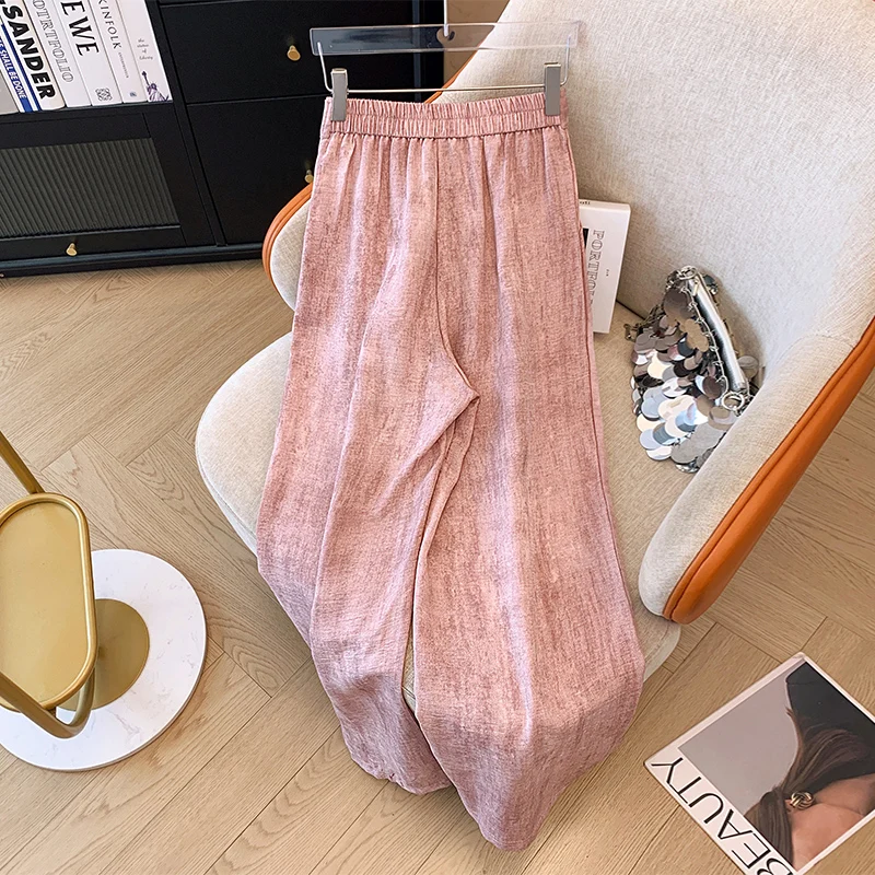 Bomon Vintage Korean Ice Silk Tie-Dyed Linen Lace-Up High Waists Women's Wide Leg Pants Y2K Straight Leg Casual Draping Mop Pant