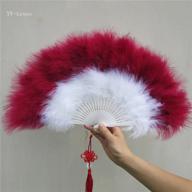 Beautiful Wine red high quality fluffy feather hand fan dance stage show props wedding party 1pcs Goose feather fan decoration