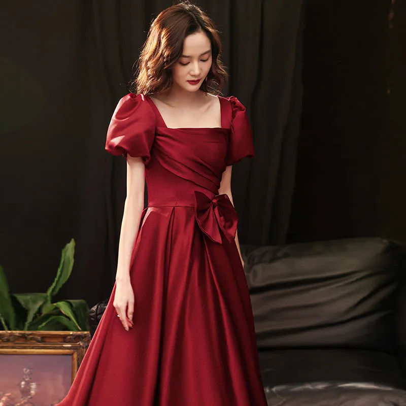 Toast Dress Bride Marriage Engagement Retro Wearable Wine Red Satin Women's Clothing