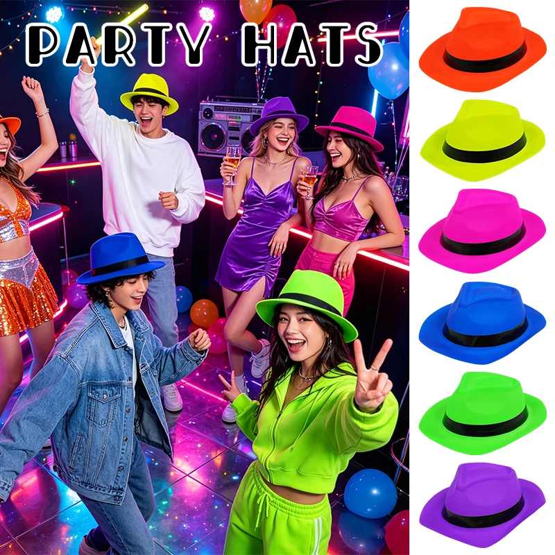 

12Pcs Neon Party Hats Gangster Mafia Fedora Hat 1920S Disco Costume Accessories Birthday Photo Booth Props Party Favors