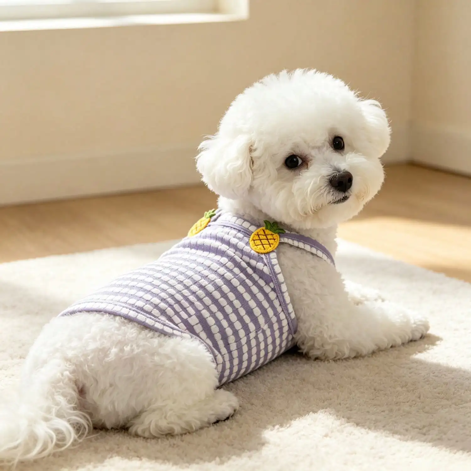 1 Stück gestreiftes Strick-Hundetanktop mit 3D-Frucht-Blumen-Ornament, atmungsaktive Welpenweste für kleine Hunde – Detail 17