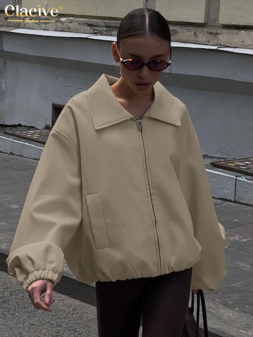 

Clacive Fashion Loose Khaki Pu Leather Women's Coats 2025 Winter Lapel Long Sleeve Jacket Elegant Classic Top Female Clothing