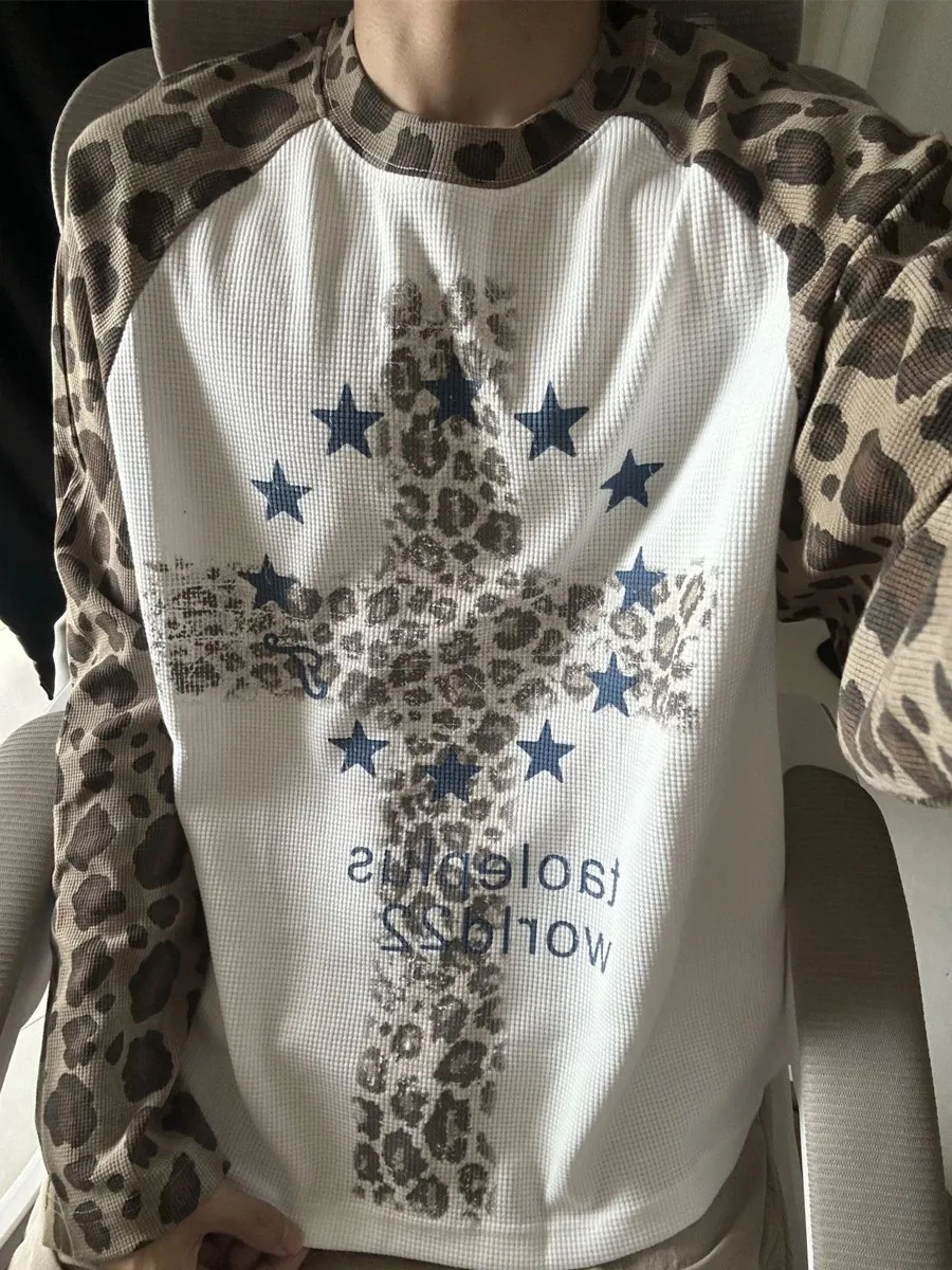American Style Loose Long Sleeve T-Shirt with Shoulder Insert Leopard Print Unisex Spring Autumn New Couple Base Shirt Top
