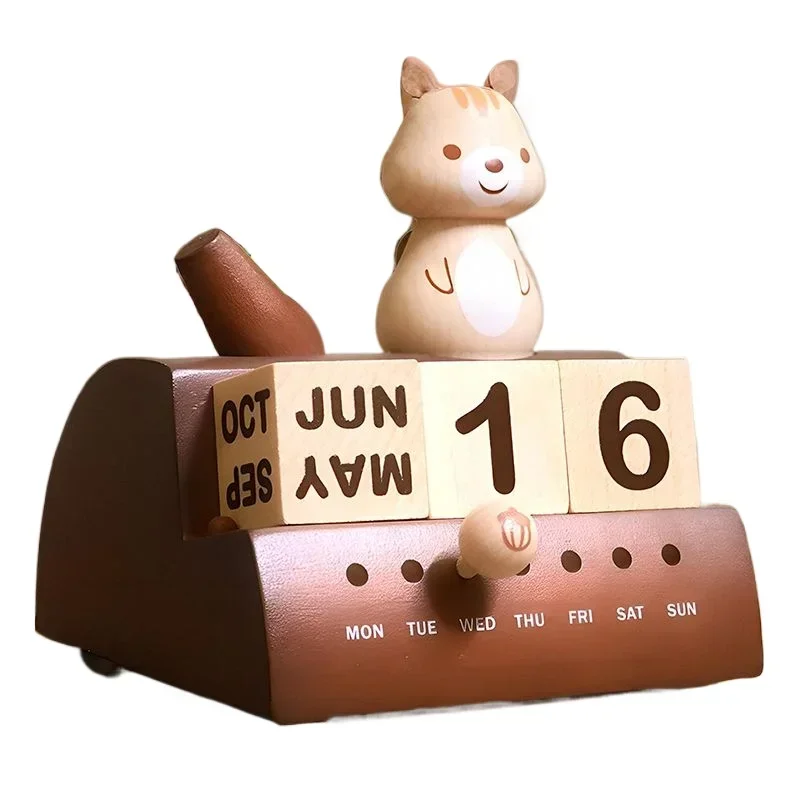 Perpetual calendar squirrel music box solid wood music box ornament girlfriend children and girls birthday gift
