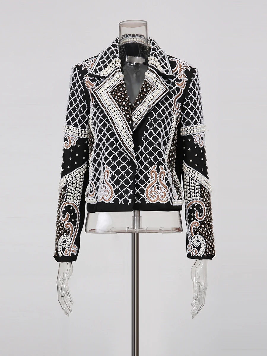 TWOTWINSTYLE Colorblock Slimming Spliced Embroidery Coat for Women Lapel Long Sleeves Patchwork Pearl Jackets Female Clothing