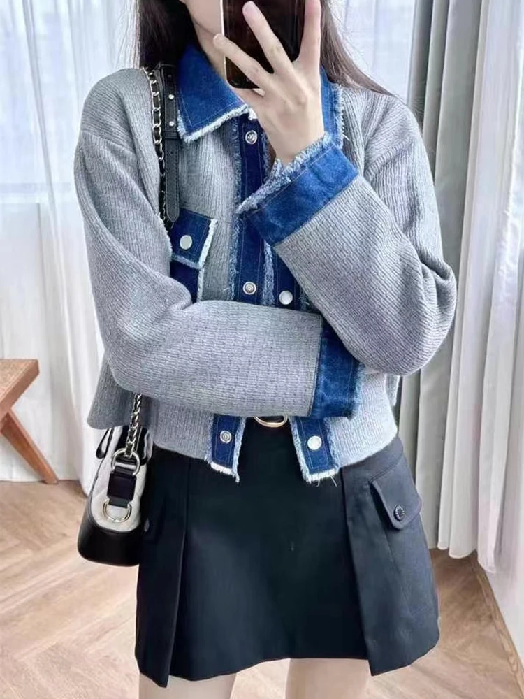 Jesień Nowa Moda Denim Splice Knit Jacket Kobiety Elegancki Wywijany Kołnierz Długi Rękaw Sweter Jednorzędowy Kardigan Kobieta