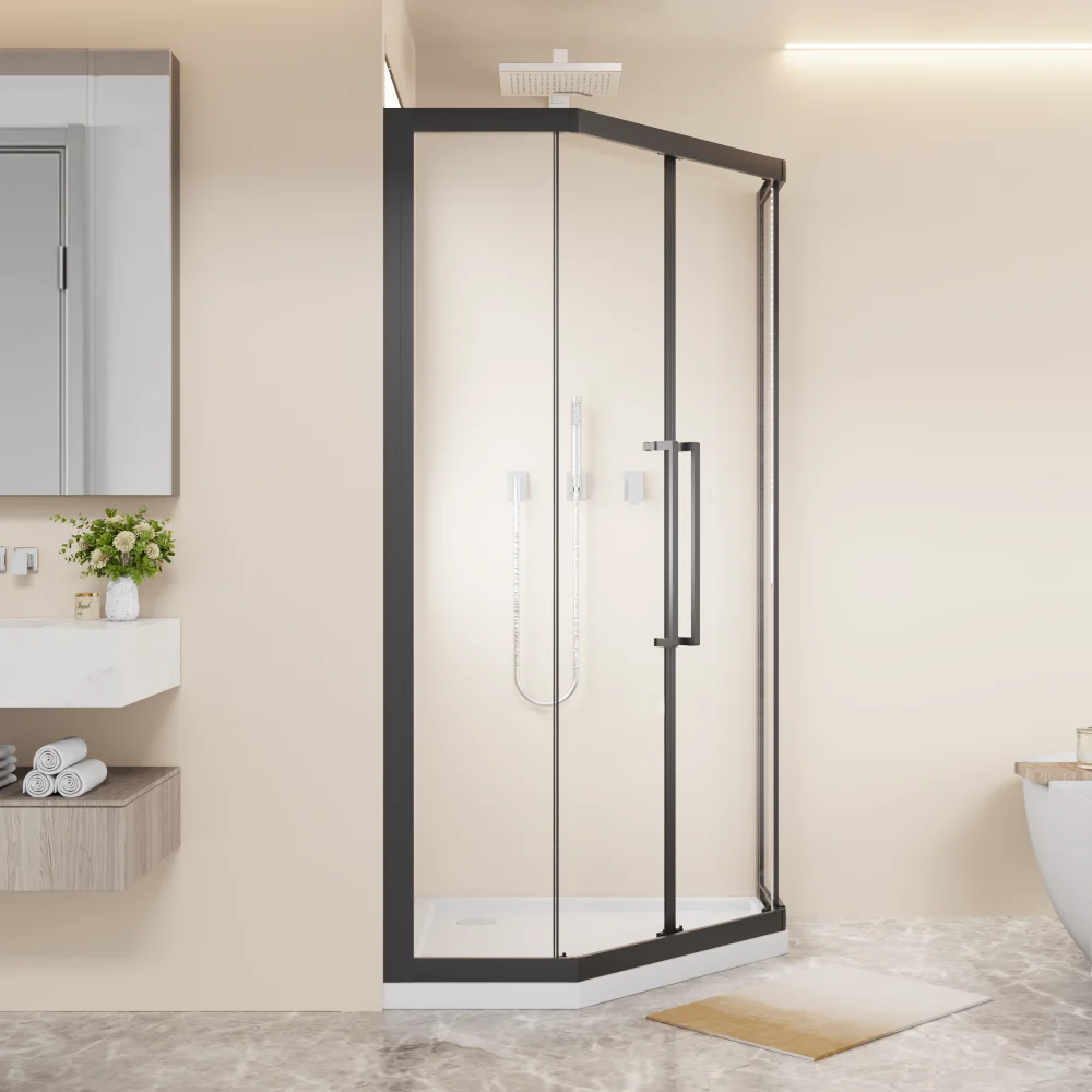 

Neo-Angle Sliding Shower Enclosure 36"x72":1/4" Clear Glass, Diamond Door, Double Rollers, Steel Handles, Black