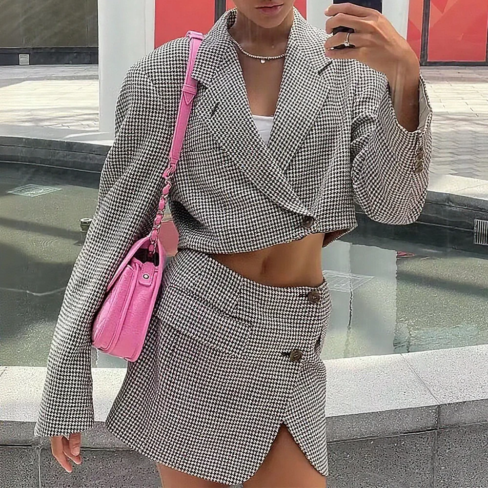 

Эксклюзивный европейский и американский модный короткий комплект из блейзера и юбки с узором «гусиные лапки», популярный женский наряд