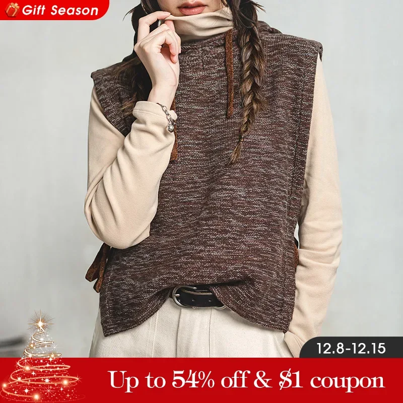 Maden Gray-brown Sleeveless Hoodies for Women Knitted Vest Top Spring and Autumn Outerwear Tops Casual Cotton Vest