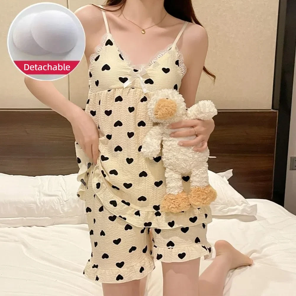 

Удобные шорты на подтяжках с цветочным медведем, костюм с рюшами и v-образным вырезом, кружевные комплекты ночной рубашки с мягкой подкладкой, свободная домашняя одежда из двух предметов