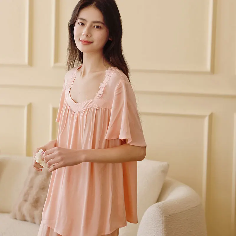 

2025 Women's Short-sleeved Trousers Satin Jacquard Pajamas Set Lace Square Collar Viscose Comfortable Casual Loungewear Women