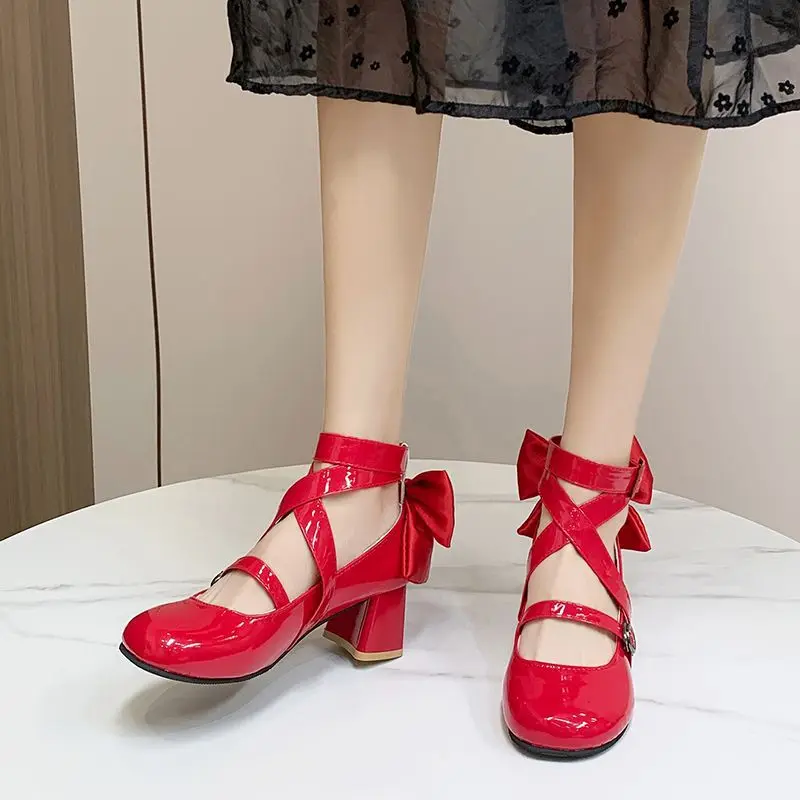 Zapatos de Cosplay de Anime Puella Magi Madoka Magica Kaname Madoka para mujer, botas de cuero de tacón alto con lazo rojo Lolita, utilería para disfraz de Halloween