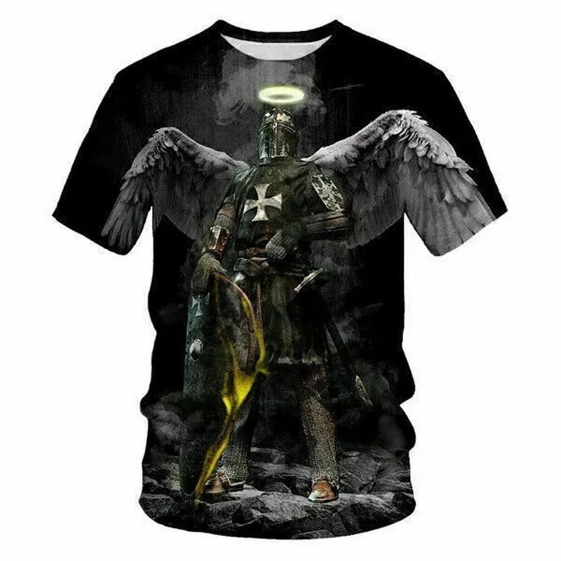Knights Templar T-shirt Men\'s 3D Printing Cross Round Neck Short Sleeve T Shirts Harajuku Personality Cool Breathable Tee Top