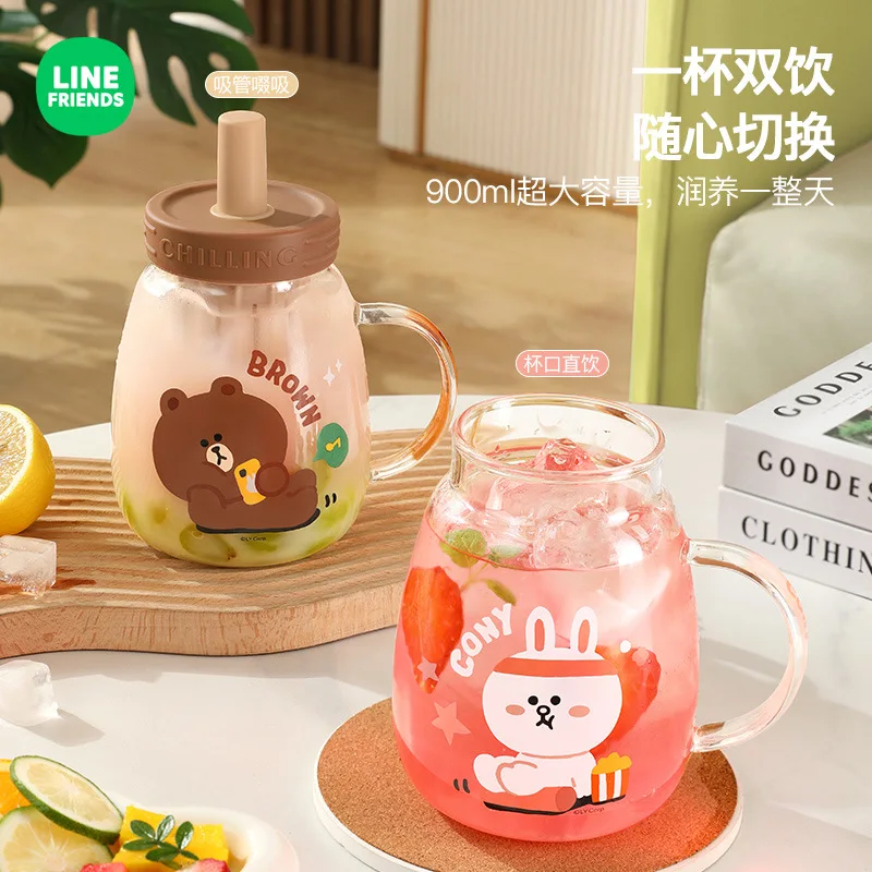 LINE FRIENDS Cony Brown Glass Tea Separation Cup Sally Anime Kawaii Large Capacity Women's Tea Straw Direct Drinking Cup Gift