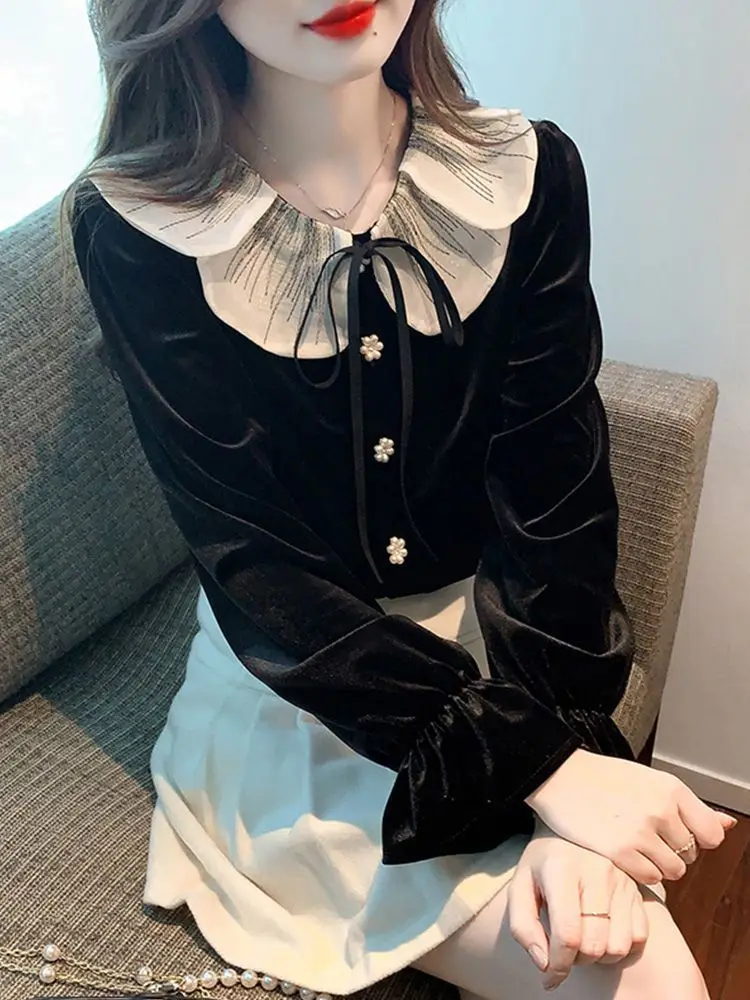 New Plus Size Women's Clothing with a Doll Collar and a High-end Feel Shirt The Chubby Sister Looks Thin and Covers Her Flesh