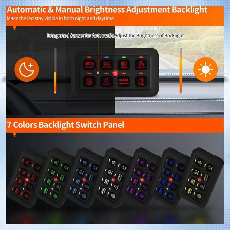 

NEW-8 Gang Switch Panel RGB LED Light Switch Panel Multifunction Toggle/Momentary/Pulsed Touch Control Switch Pod Box
