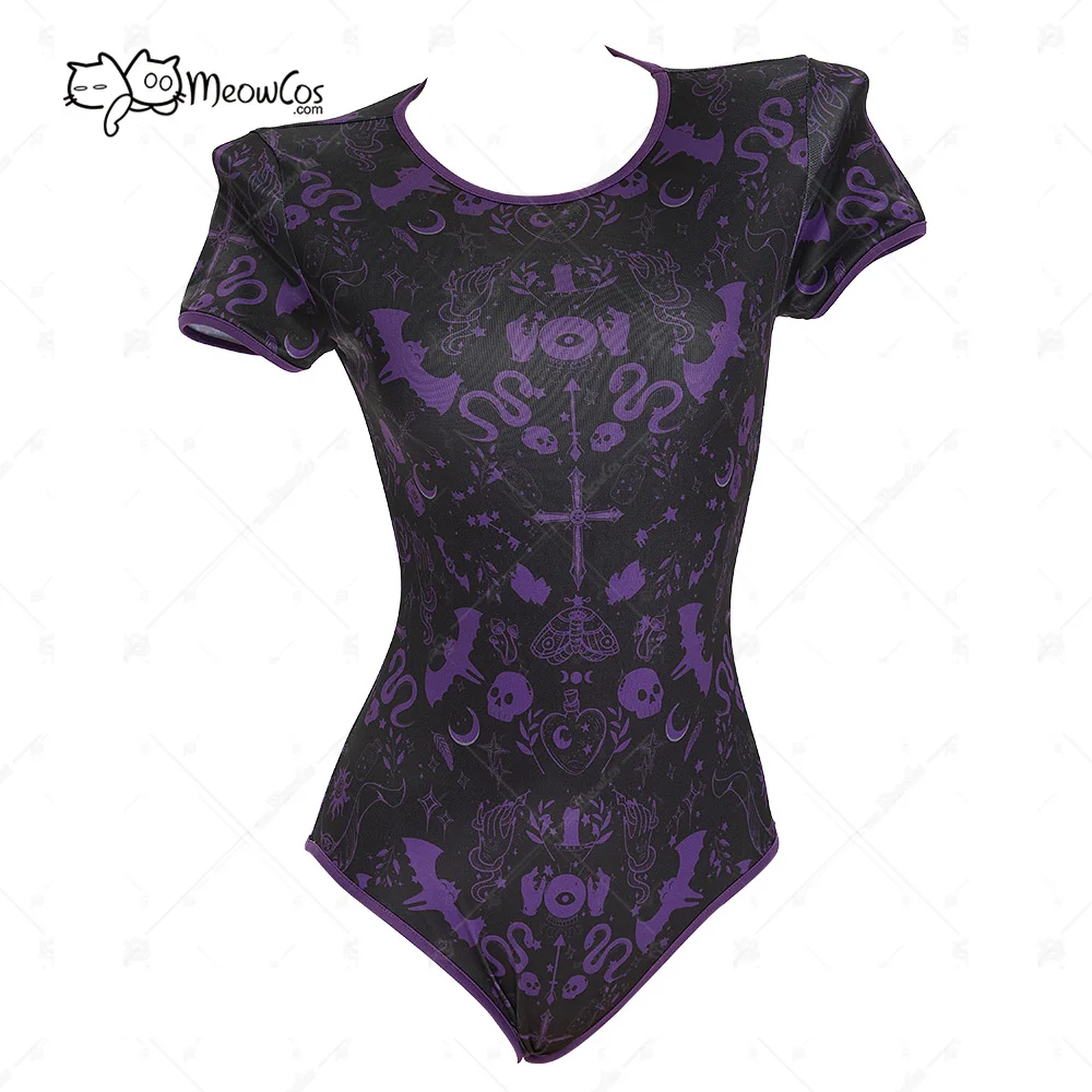 

MEOWCOS Women Gothic Style Black Purple Jumpsuit Halloween One-Piece Short Sleeve Bodysuit