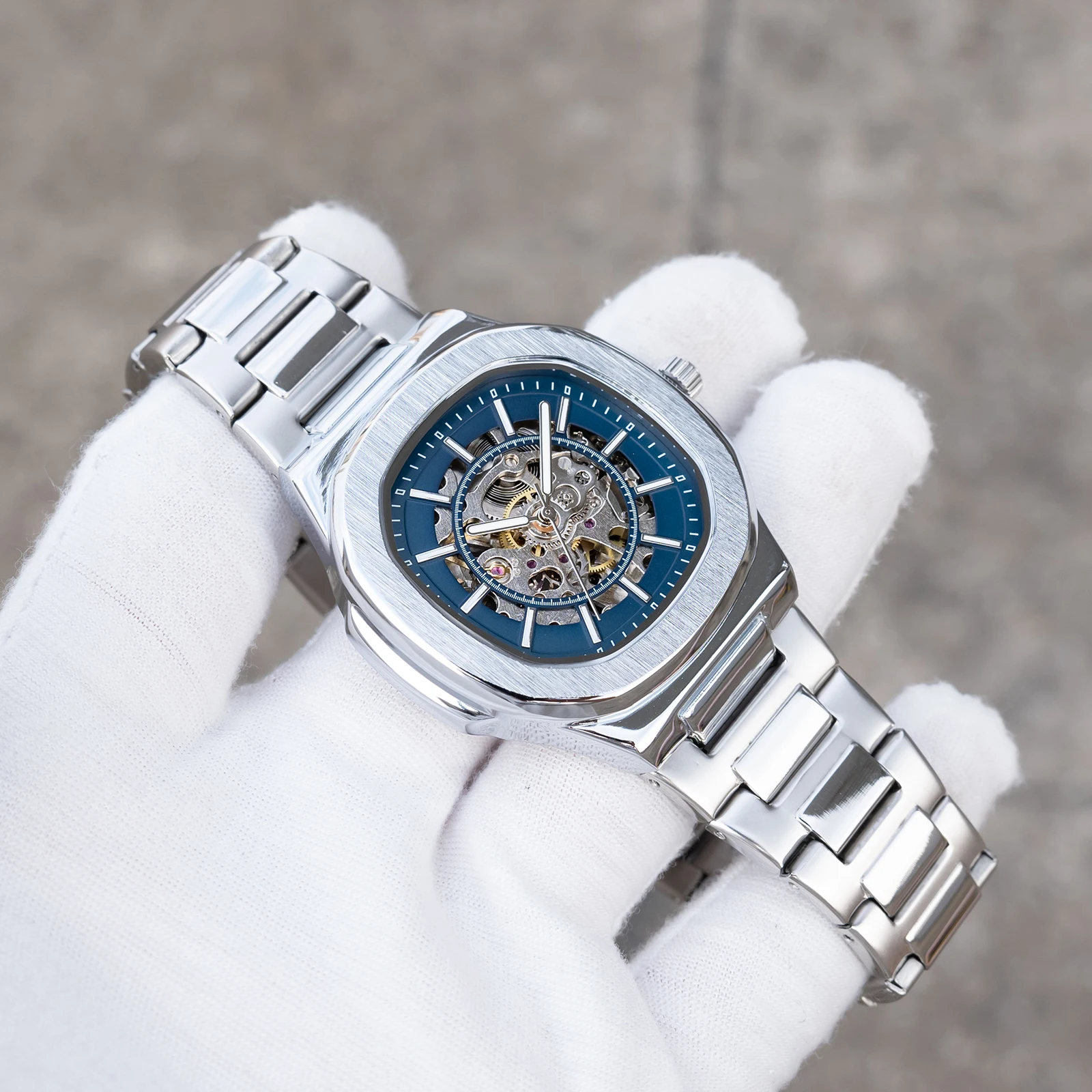 Роскошные мужские автоматические механические часы с квадратным скелетом и синим циферблатом, модный деловой браслет