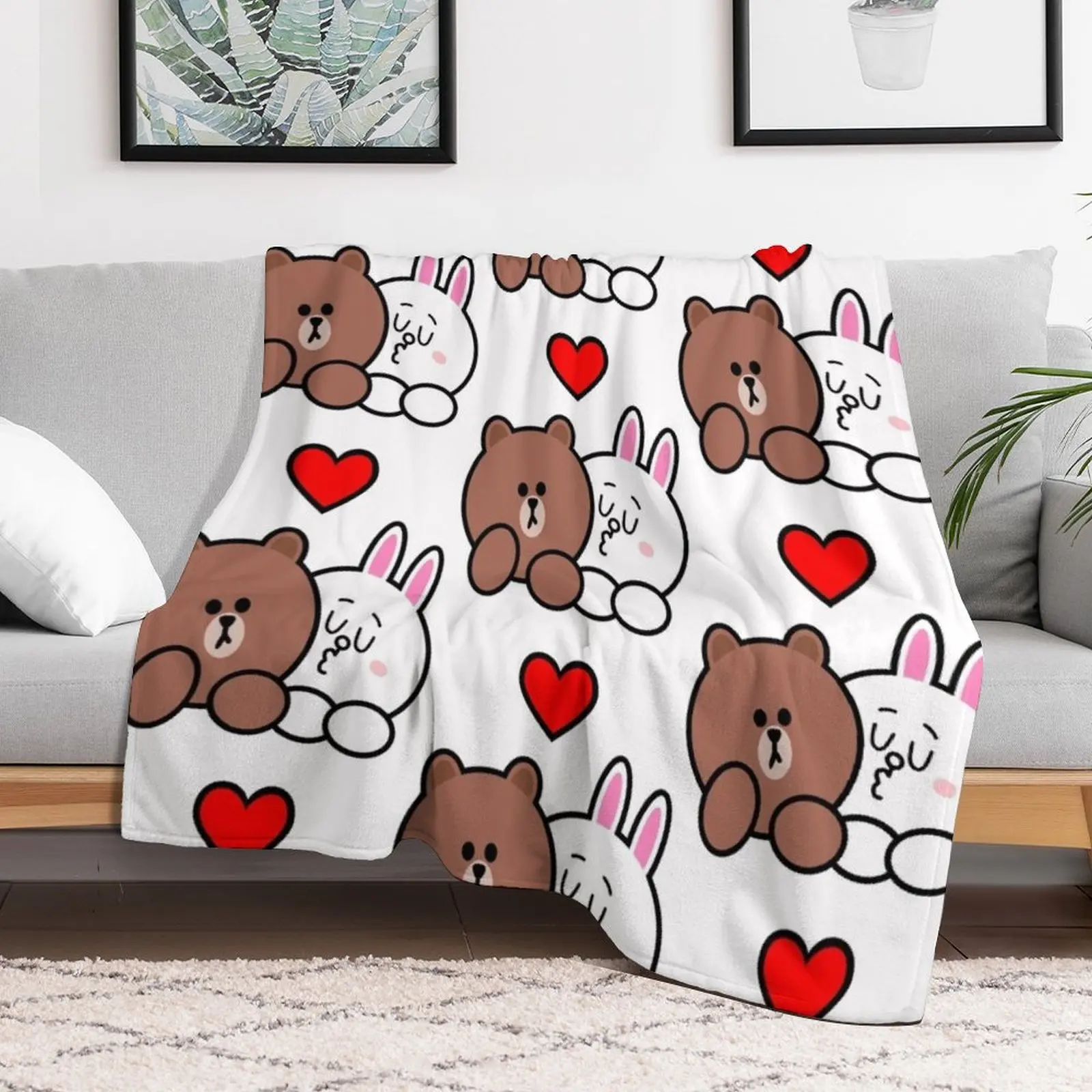 Brown bear and Cony in love Throw Blanket For Decorative Sofa Extra Large Throw Bed covers Personalized Gift Blankets