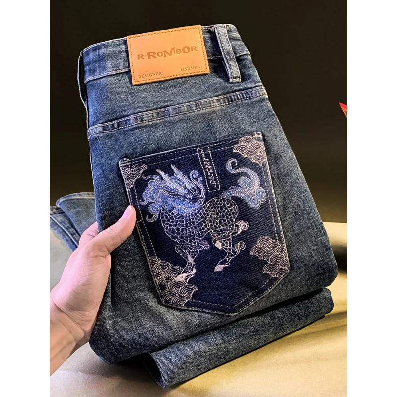 2025 autumn slim fit jeans men's Chinese style embroidered printed small feet casual elastic versatile high-end men's pants