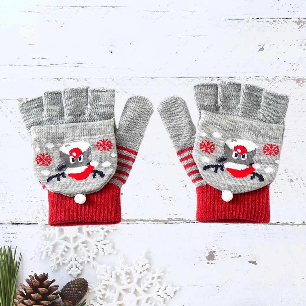 

1Pair Children Winter Mittens Grey Knitted Gloves Warm Christmas Snow Sports Gloves Windproof Soft Comfortable Outdoor